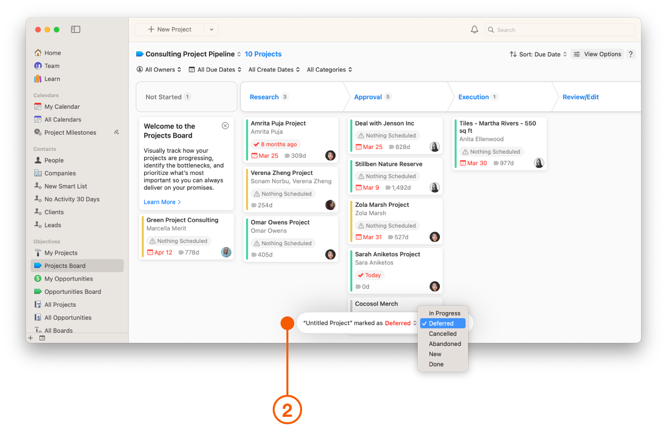 Projects Board showing Status change