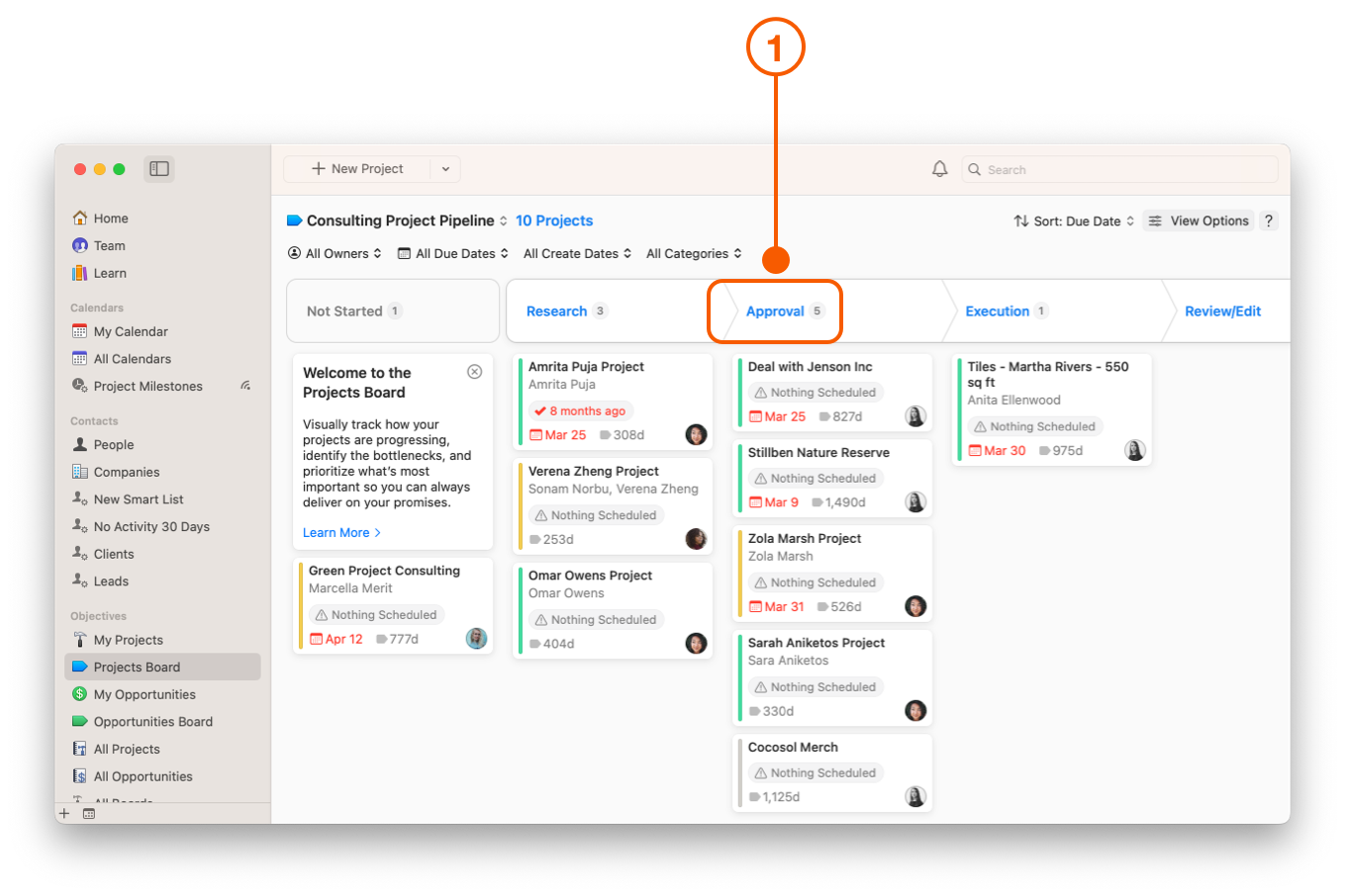 Project Board showing Approval Stage