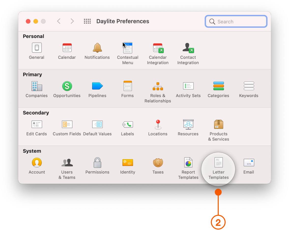 Daylite Preferences selecting Letter Templates