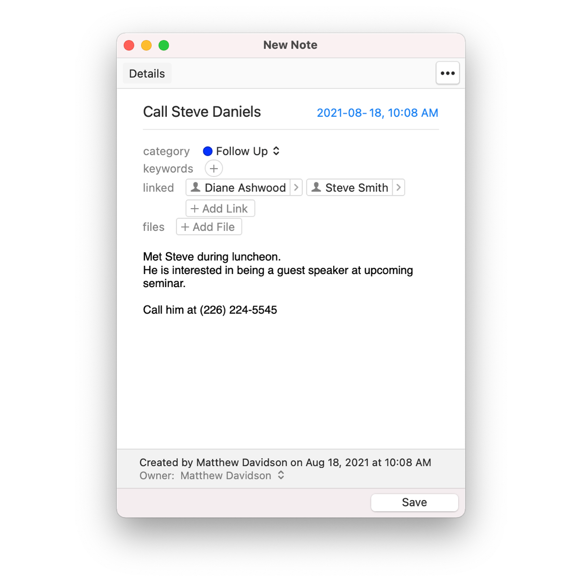 New Note window