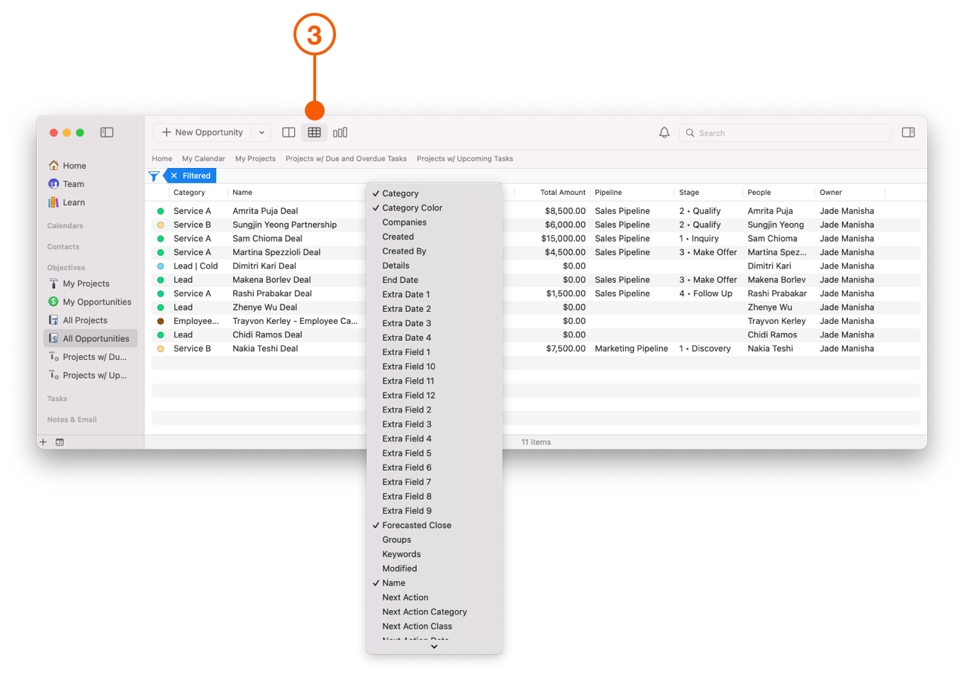 Multi-column List showing Column selector