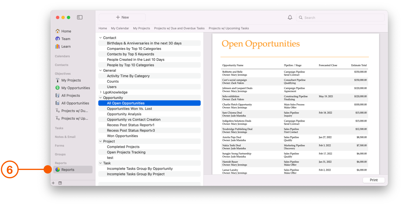 Daylite Sidebar showing Reports