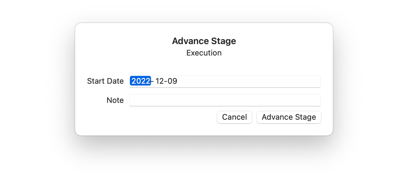 Projects Board showing Advance Stage window
