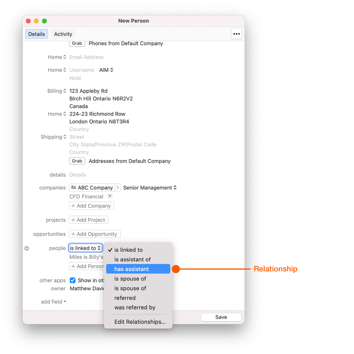 New Person window showing Relationships