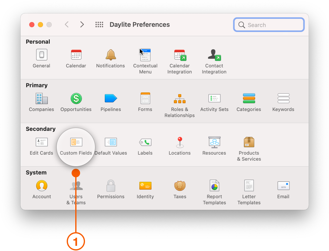 Daylite Preferences Windows selecting Custom Fields