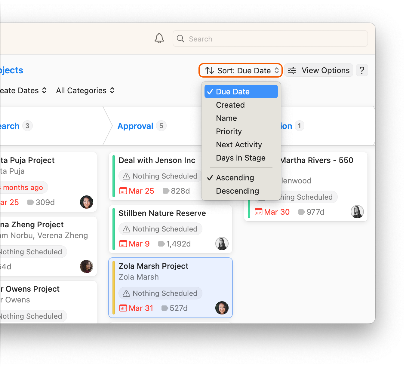 Projects Board showing sort options
