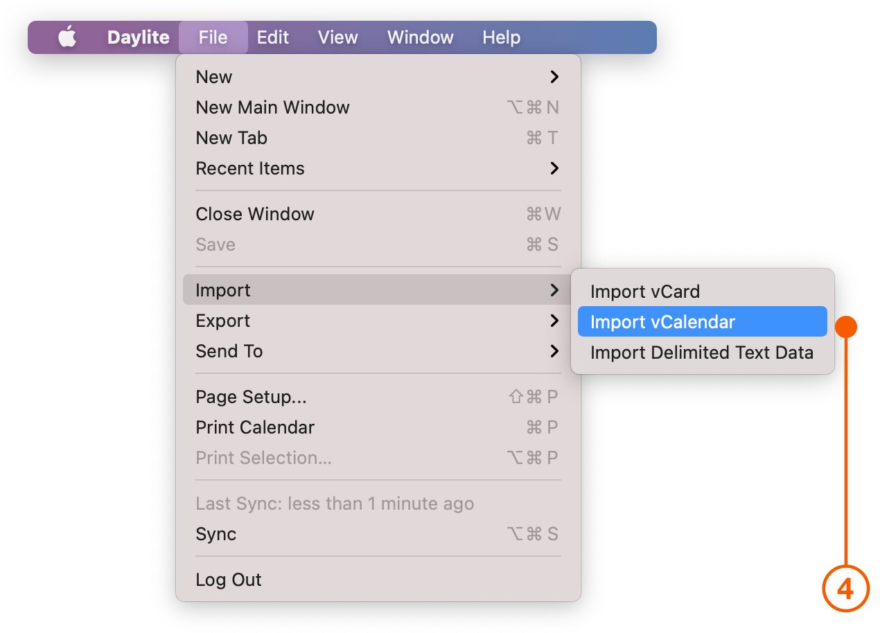 Daylite menu selecting Import vCard