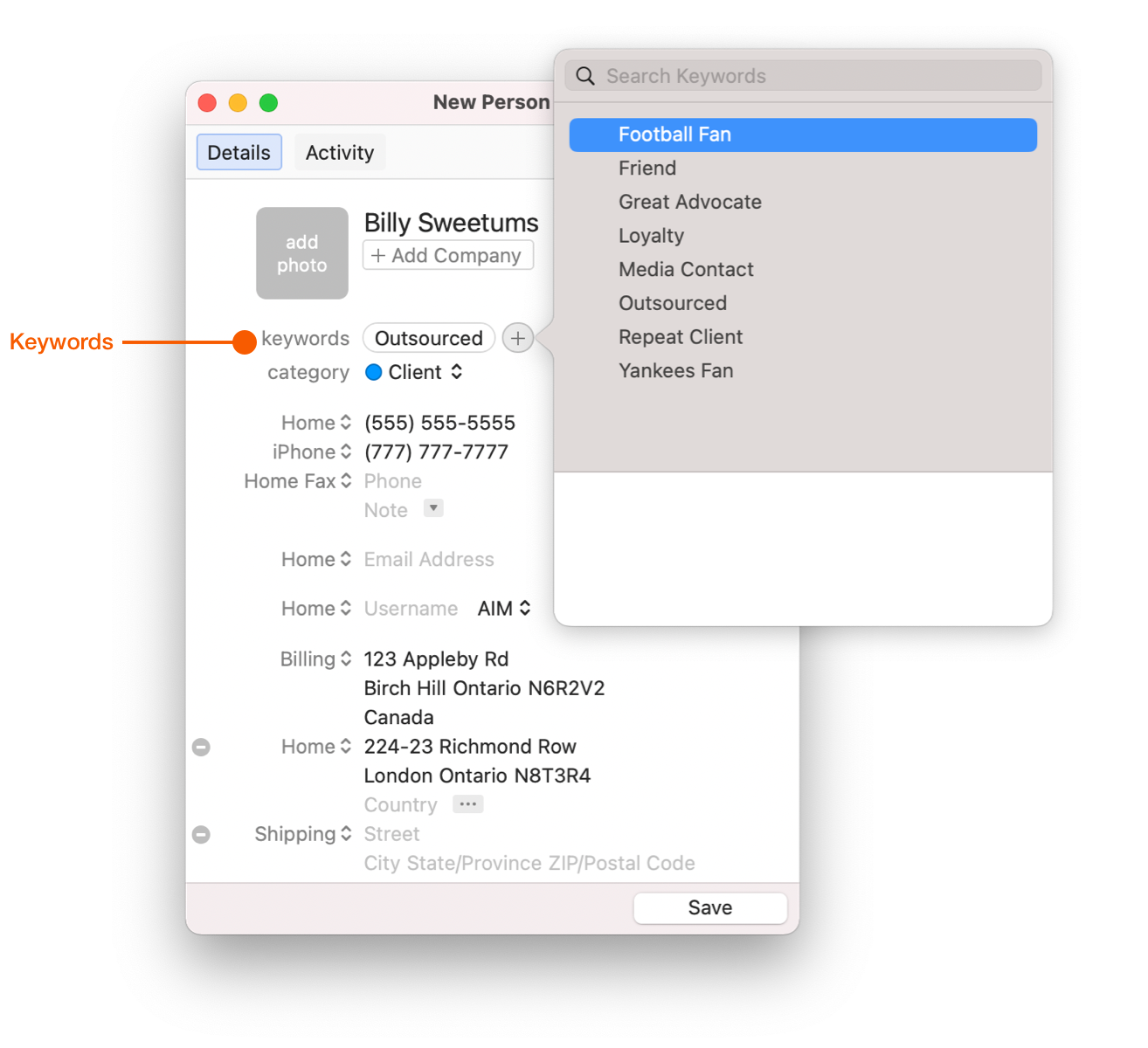 New Person window showing Keywords