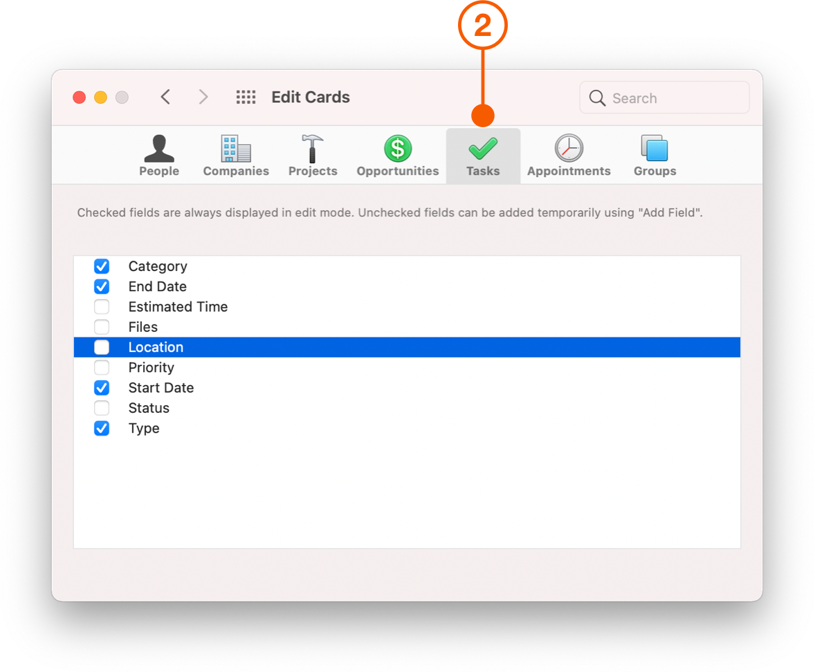 Edit Cards preferences selecting Tasks