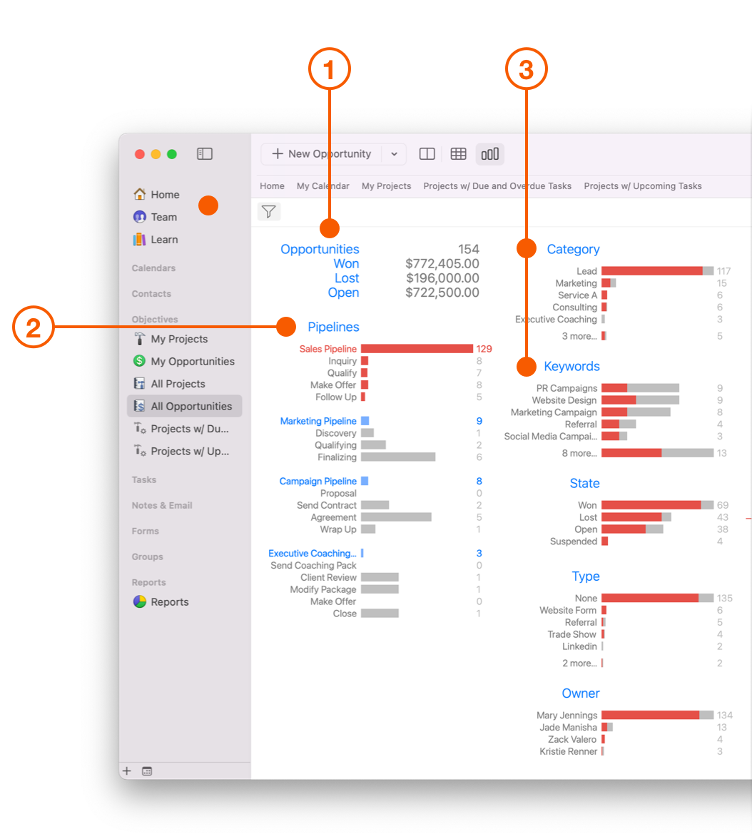Insight View showing Opportunities, Pipelines, Category, and Keywords fields