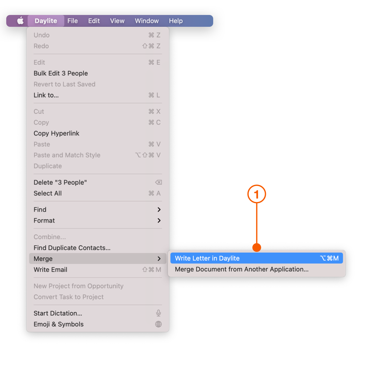 Daylite Menu selecting Write Letter in Daylite