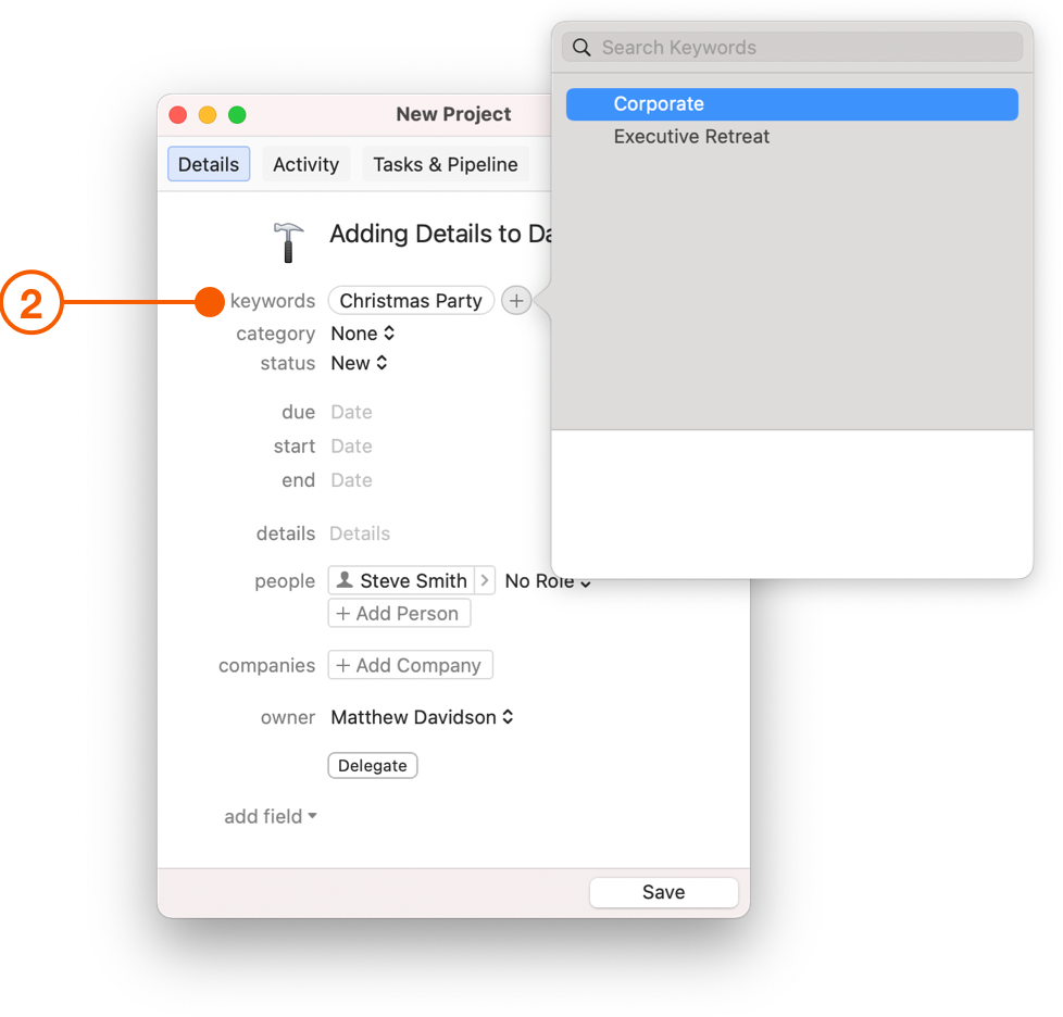 New Project window showing Keywords