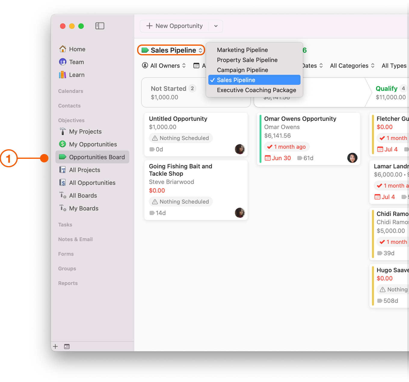 Opportunities Board showing Pipelines filter
