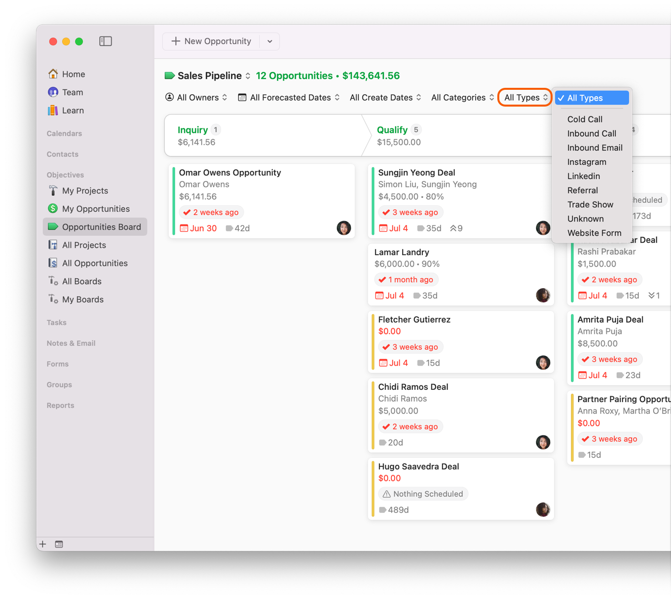 Opportunites Board showing filter by Type