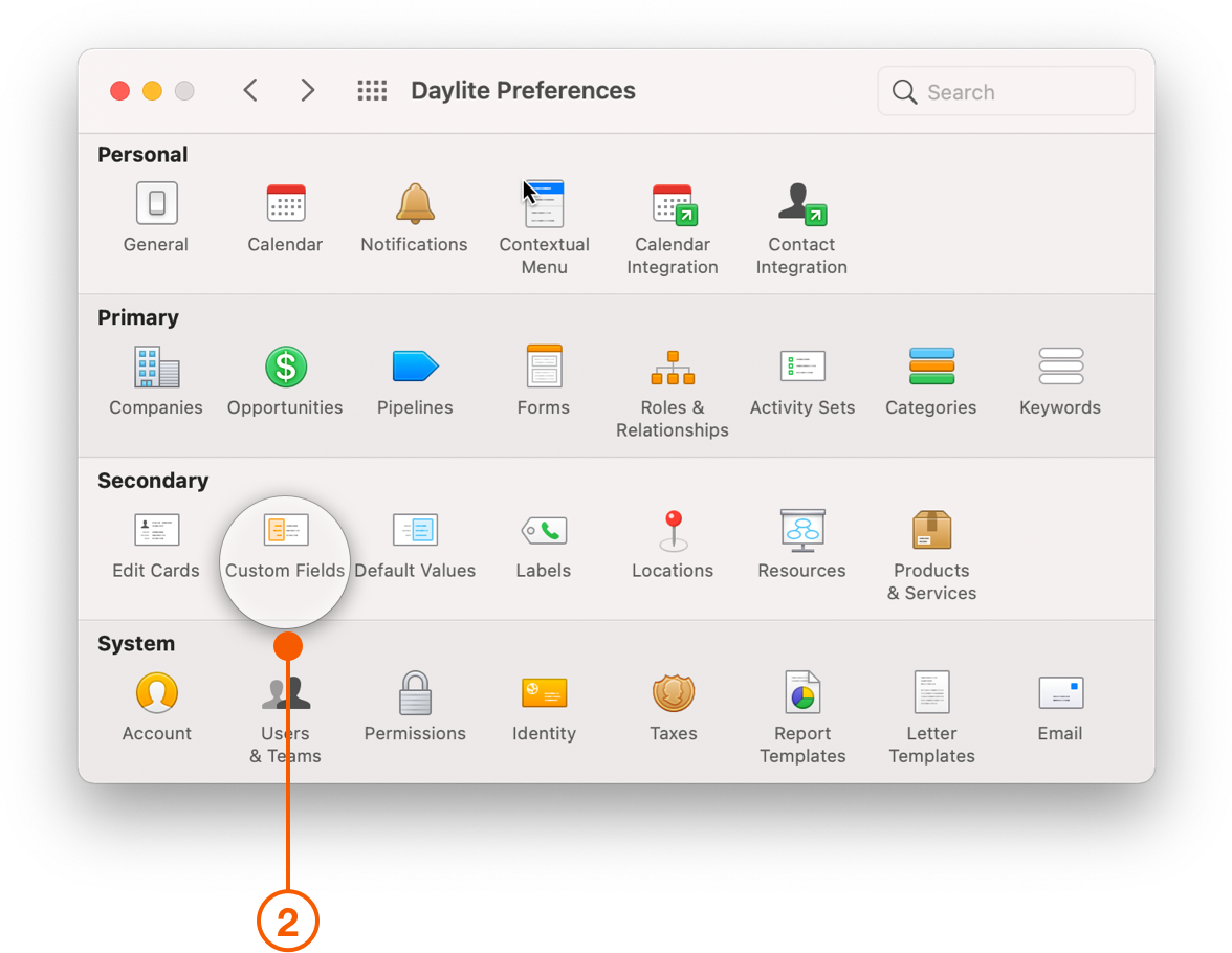 Daylite Preferences selecting Custom Fields