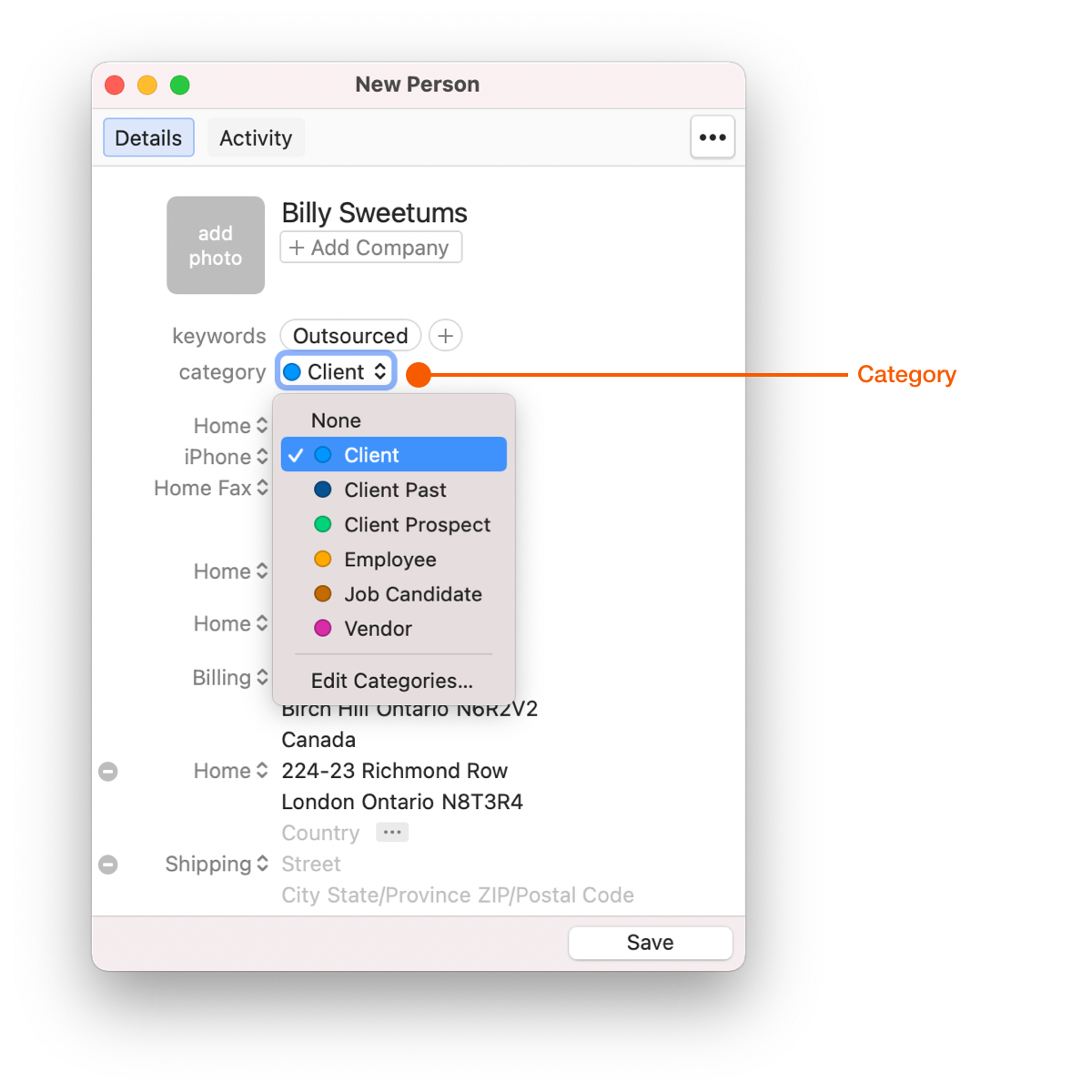 New Person window showing Category