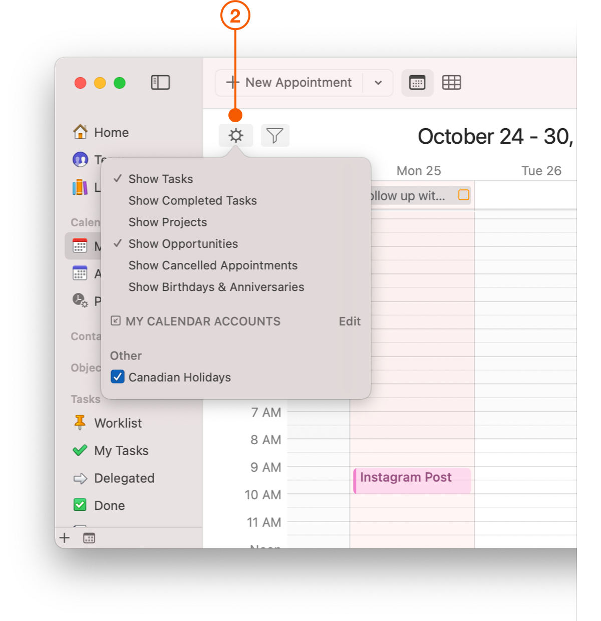 Calendar View Options popover