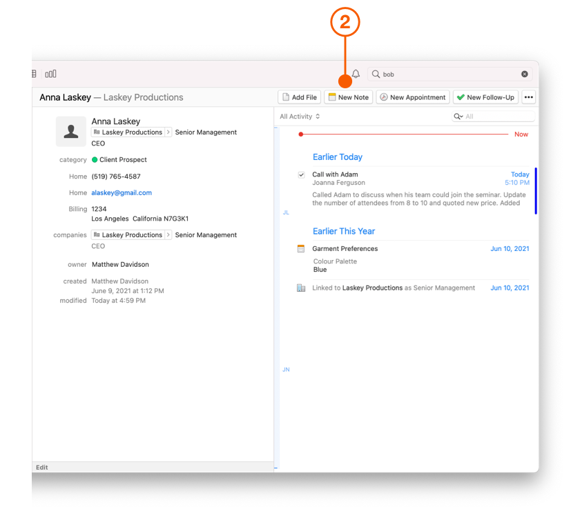 Daylite Contact showing New Note button