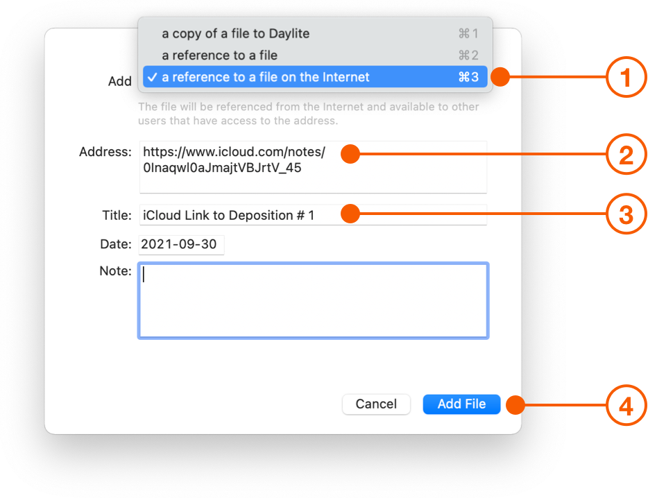Add File window adding an iCloud file from the Internet
