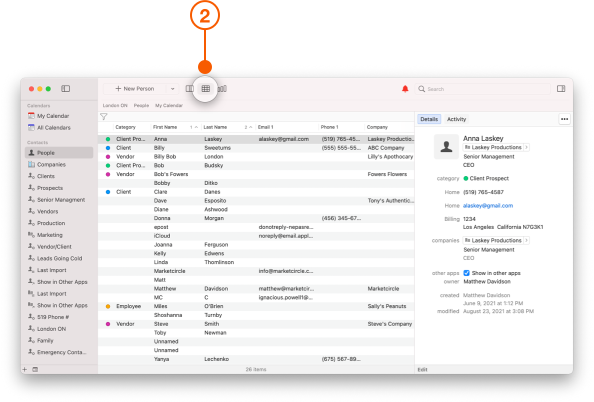 Daylite Contacts screen showing Multi-Column View