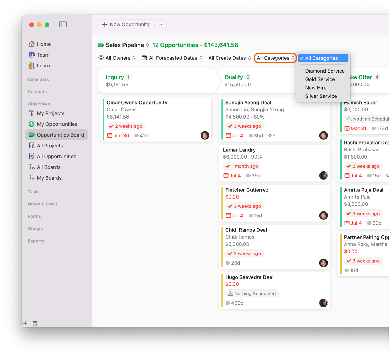 Opportunites Board showing filter by categories