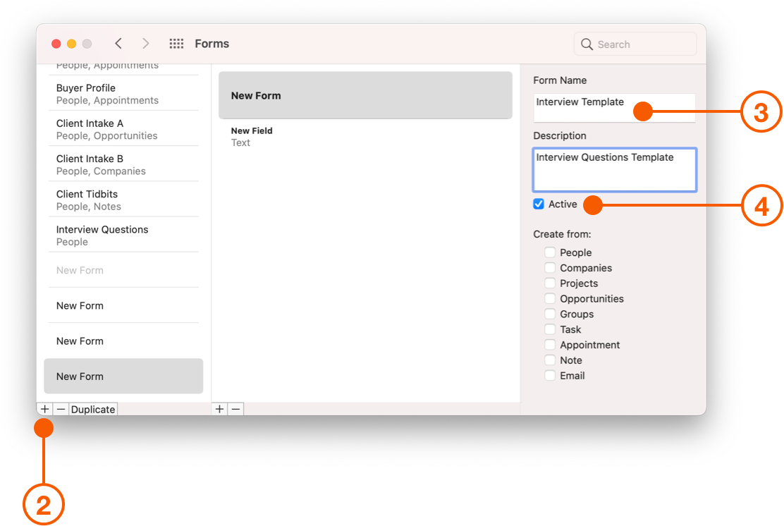 Forms preferences showing New Form template