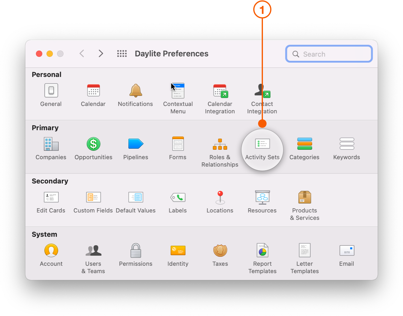 Daylite Preferences window selecting Activity Sets