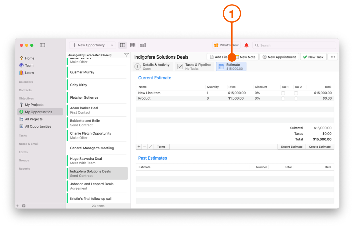 Opportunity screen selecting Estimate tab