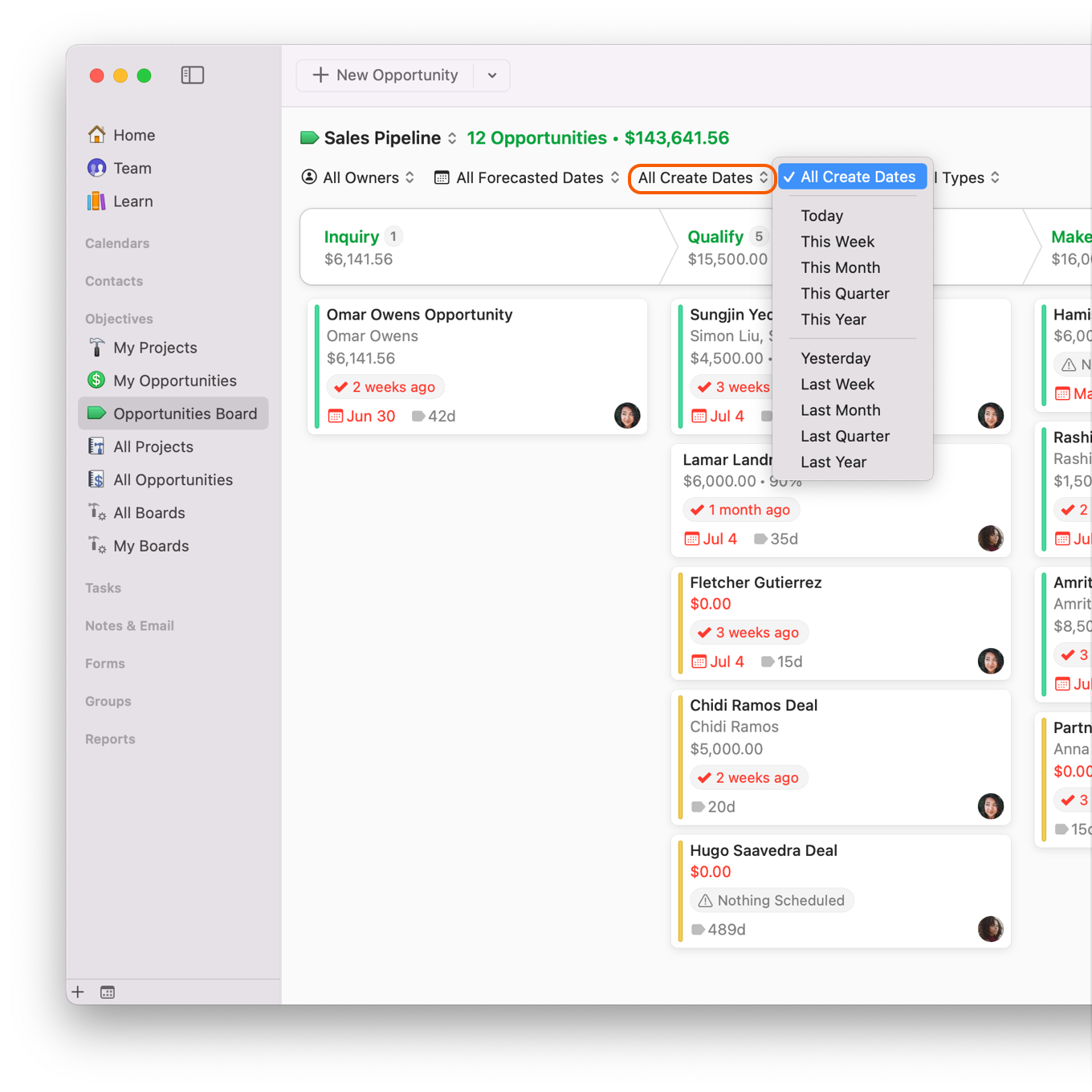 Opportunites Board showing filter by create date