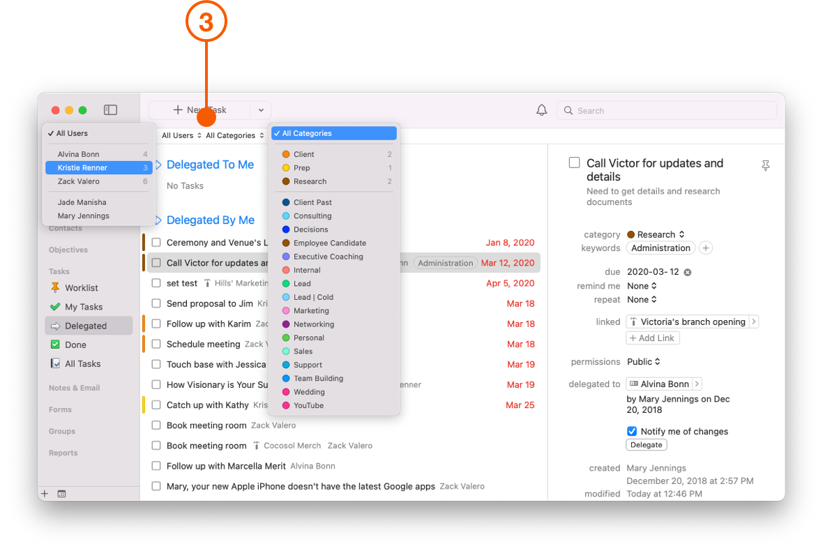 Delegated Task filter options