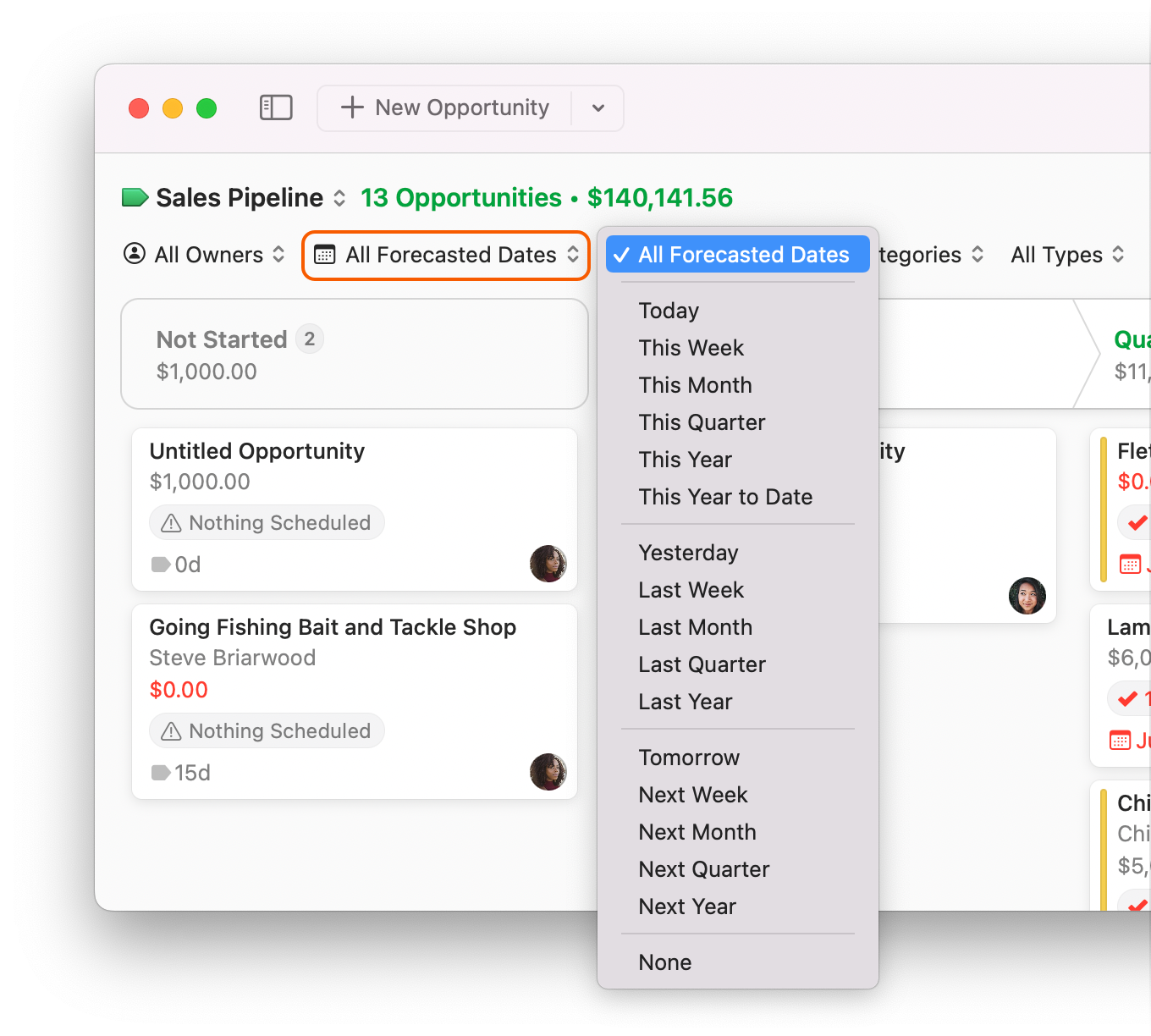 Opportunities Board showing forecasted close filter