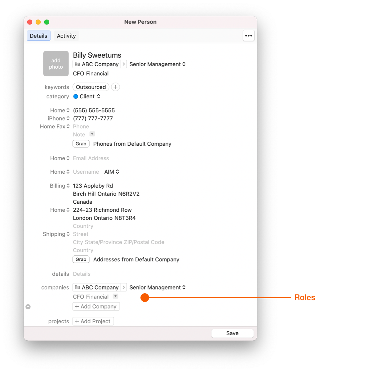 New Person Window showing Roles