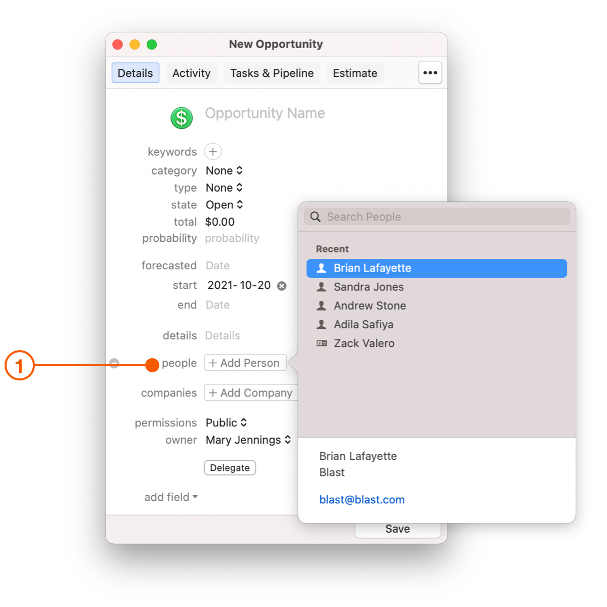 New Opportunity window showing Add Person popover