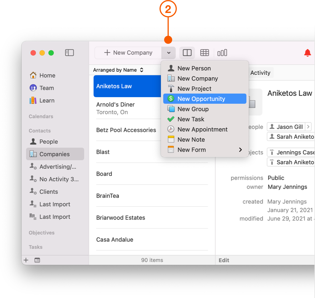 Companies View selecting New Opportunity from pull down button