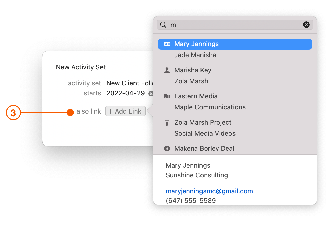 New Activity Set window selecting also link menu