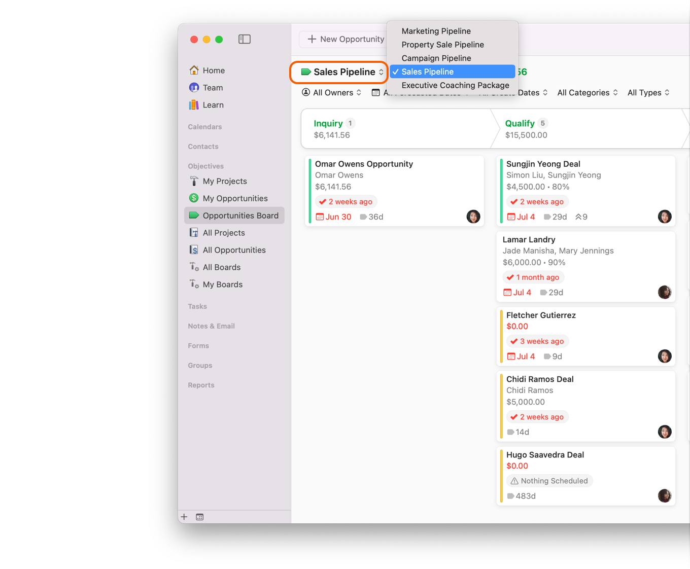 Opportunities Board showing Pipeline filter