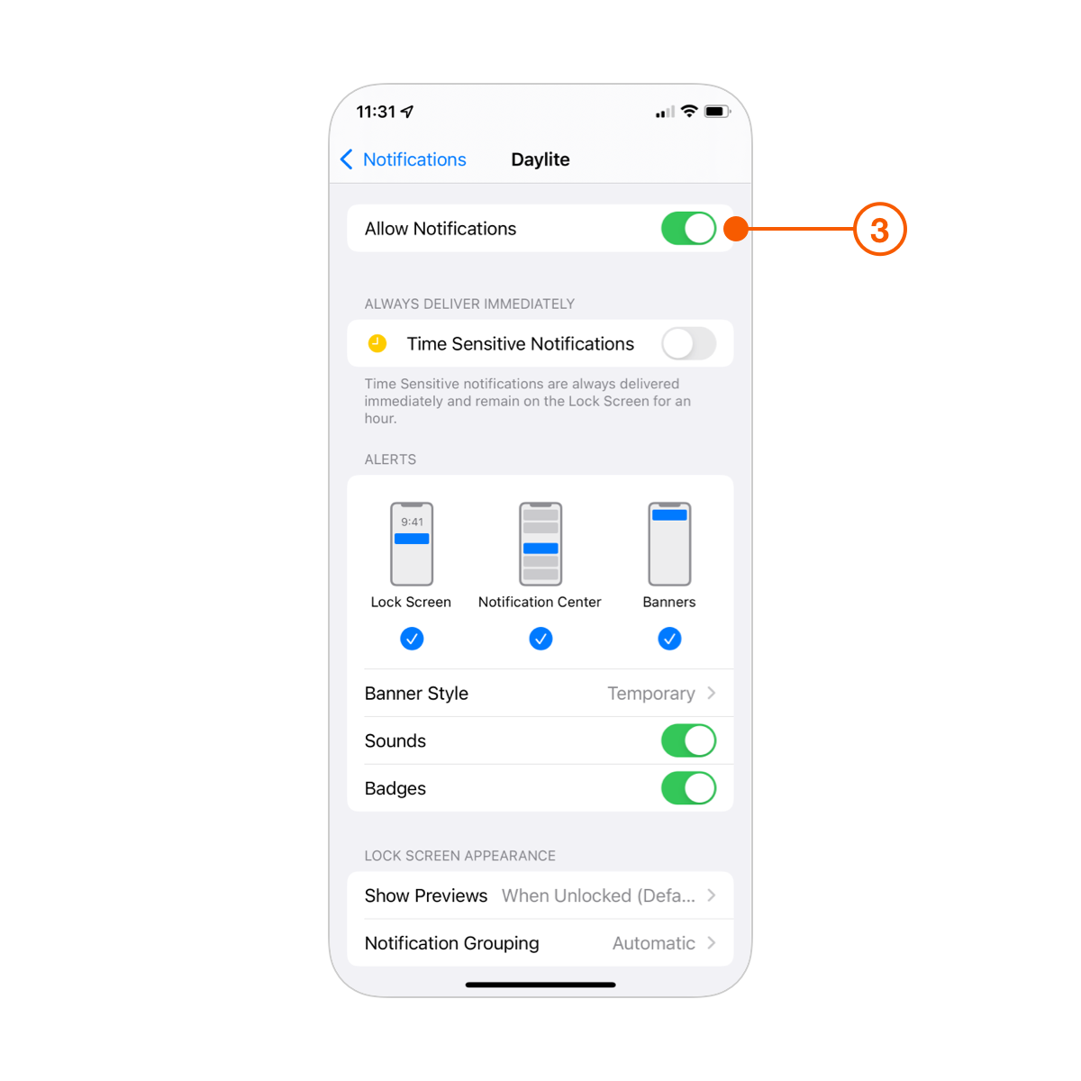 iOS Settings showing Notifications