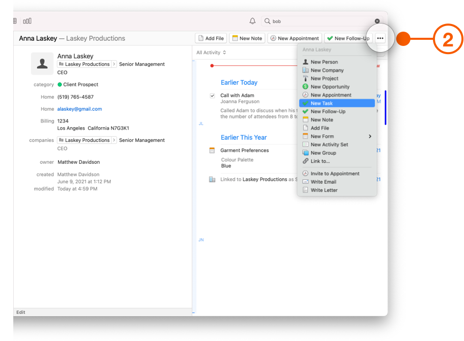 Daylite Contact showing New Task option