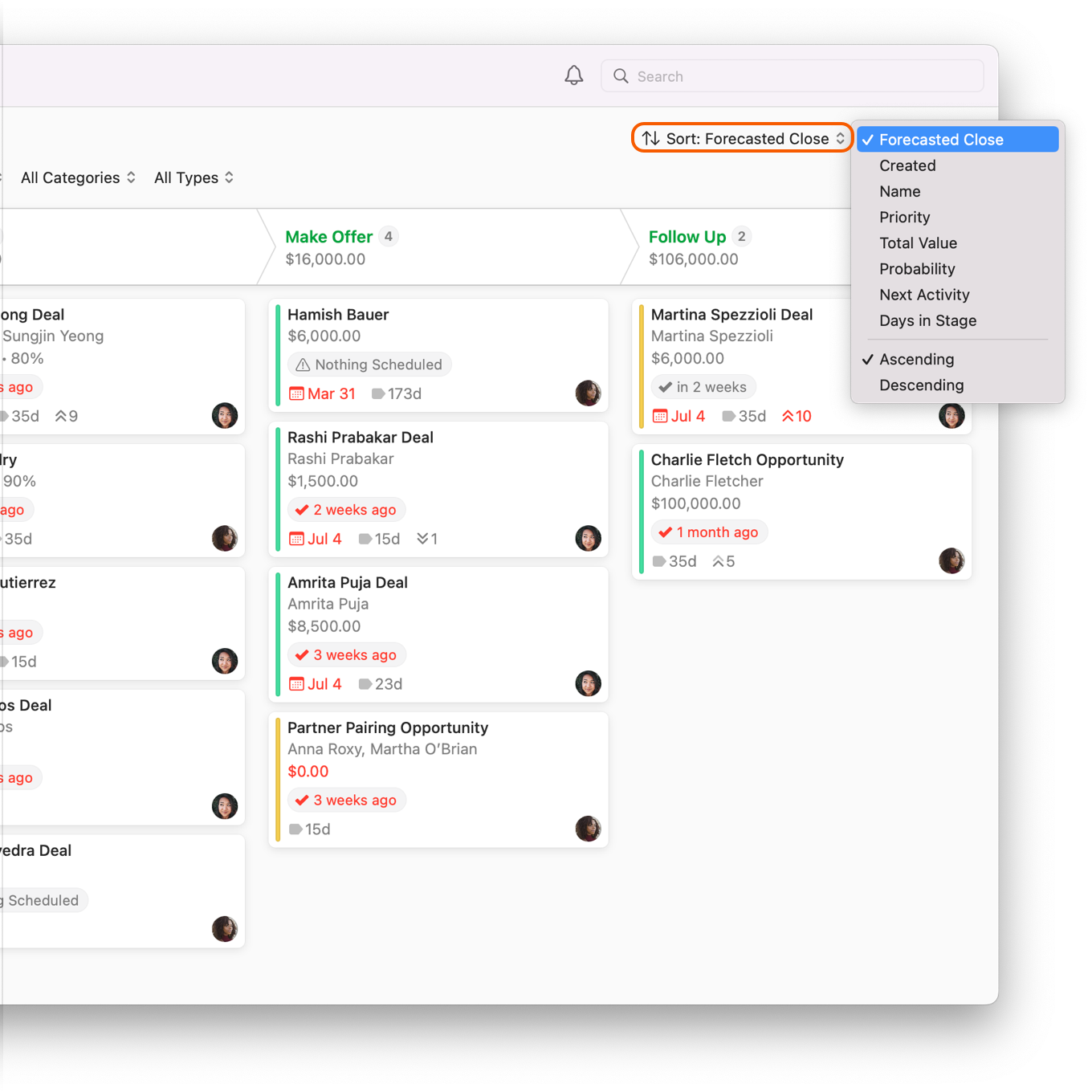 Opportunites Board showing Arranged By filter