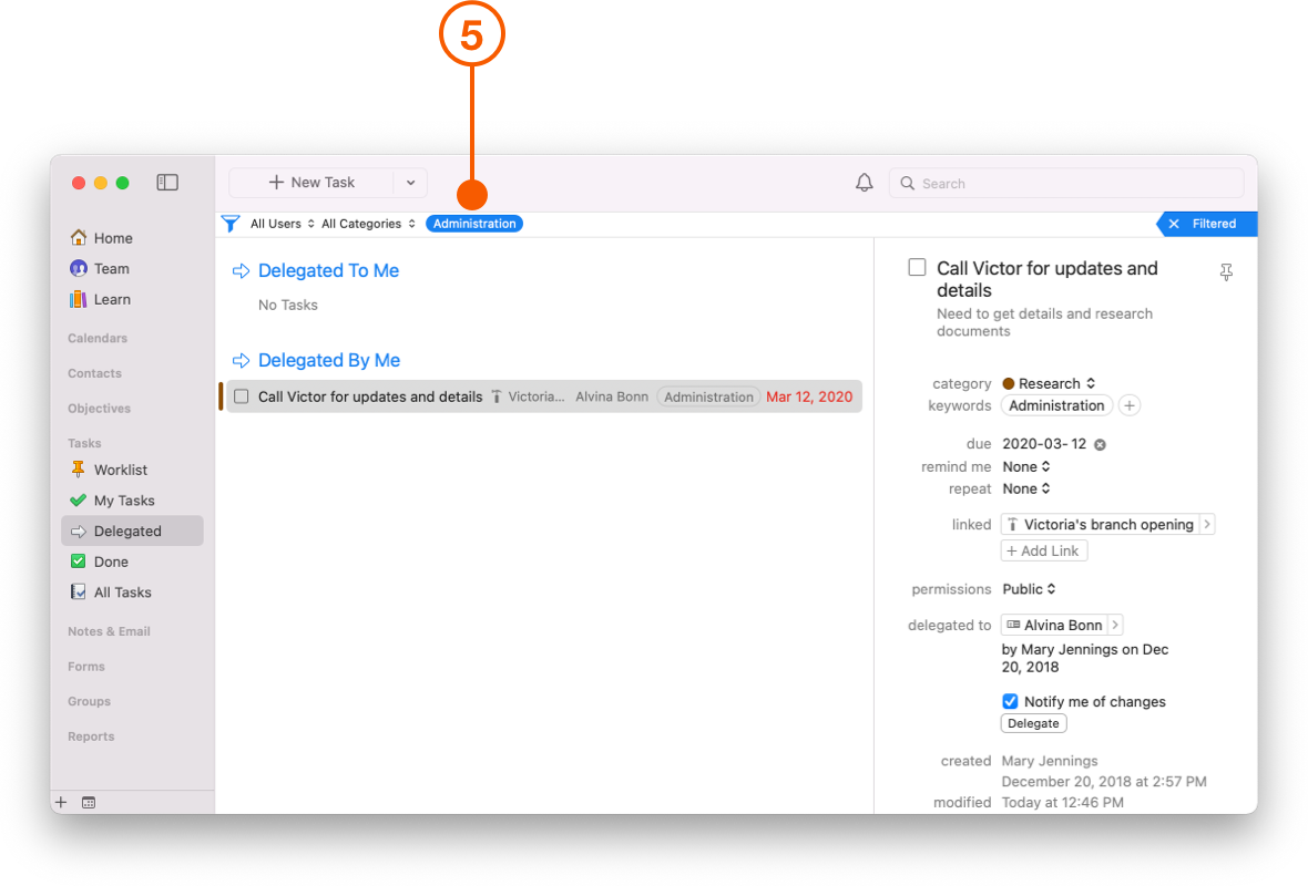 Delegated Task showing Filter Bar