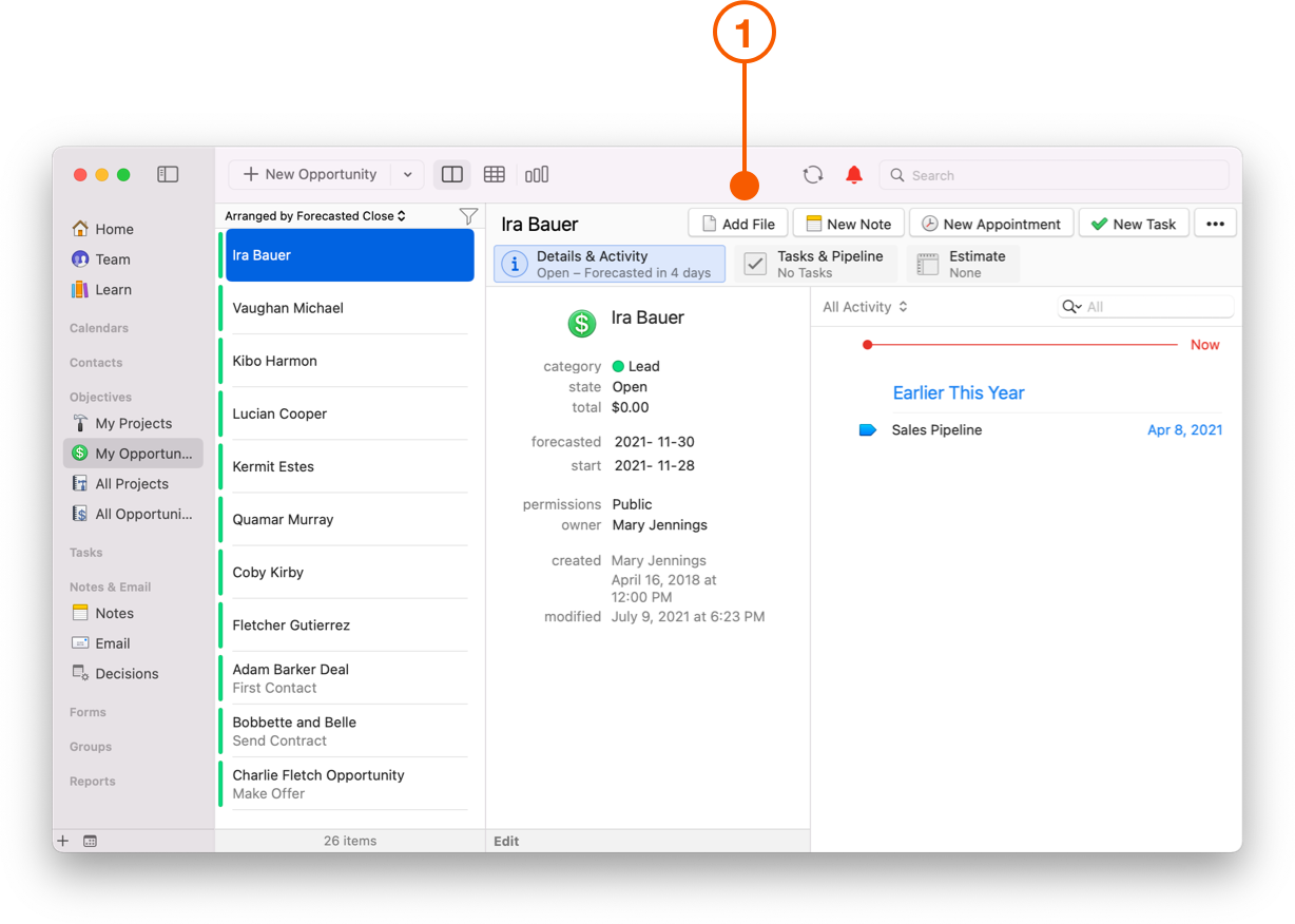 My Opportunities view showing buttons to link new items