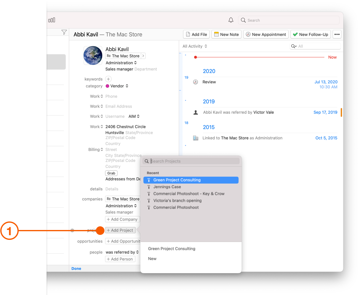 Contact Details pane showing Add Project