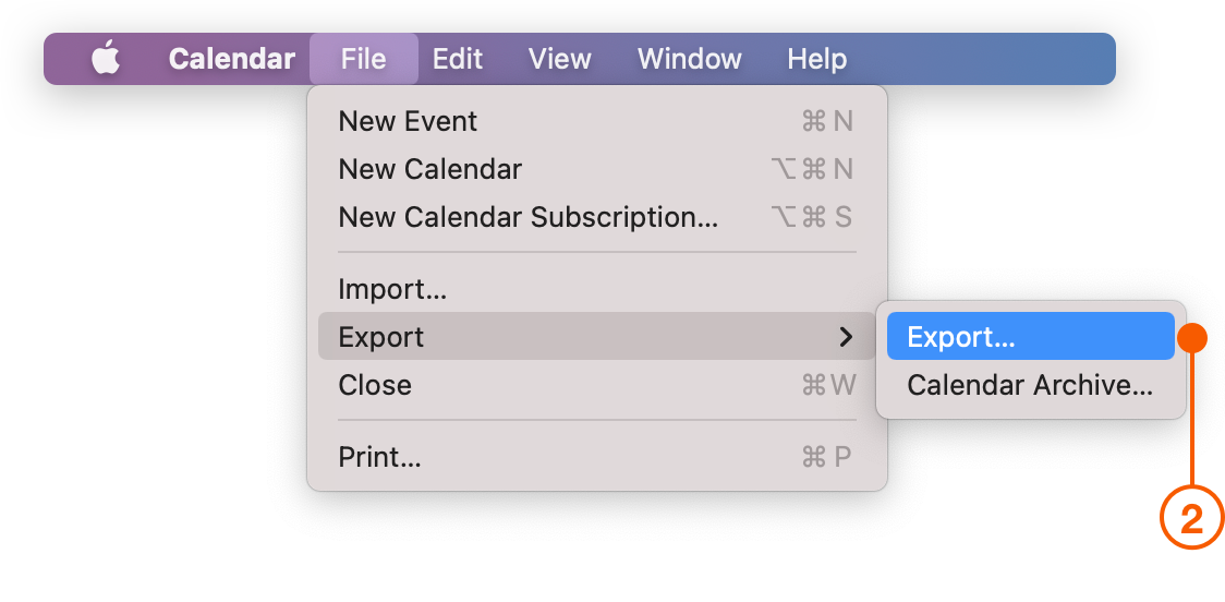 Apple Calendar menu selecting Export