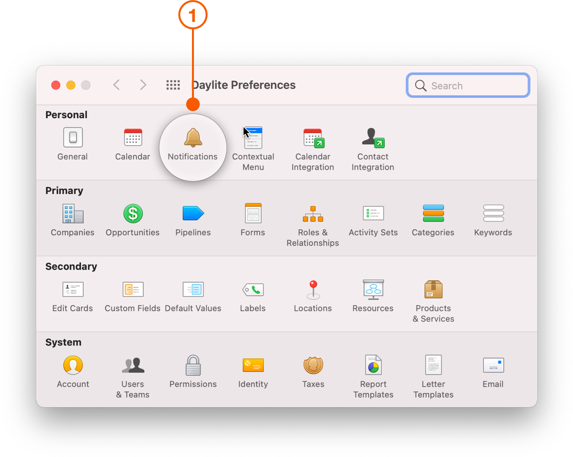 Daylite Preferences window selecting Notifications