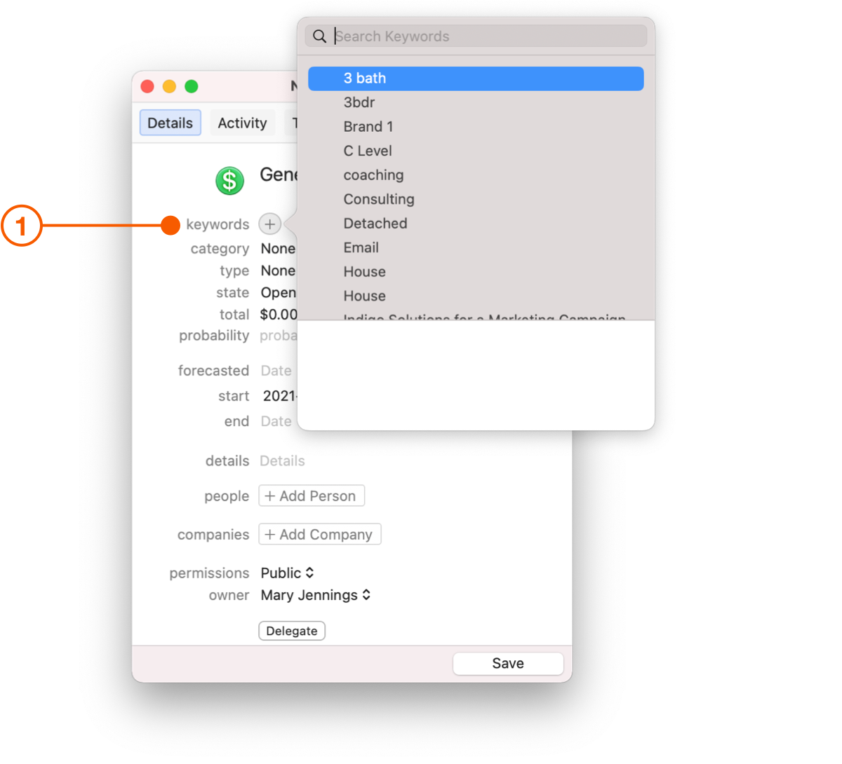 New Opportunity window showing Keywords popover