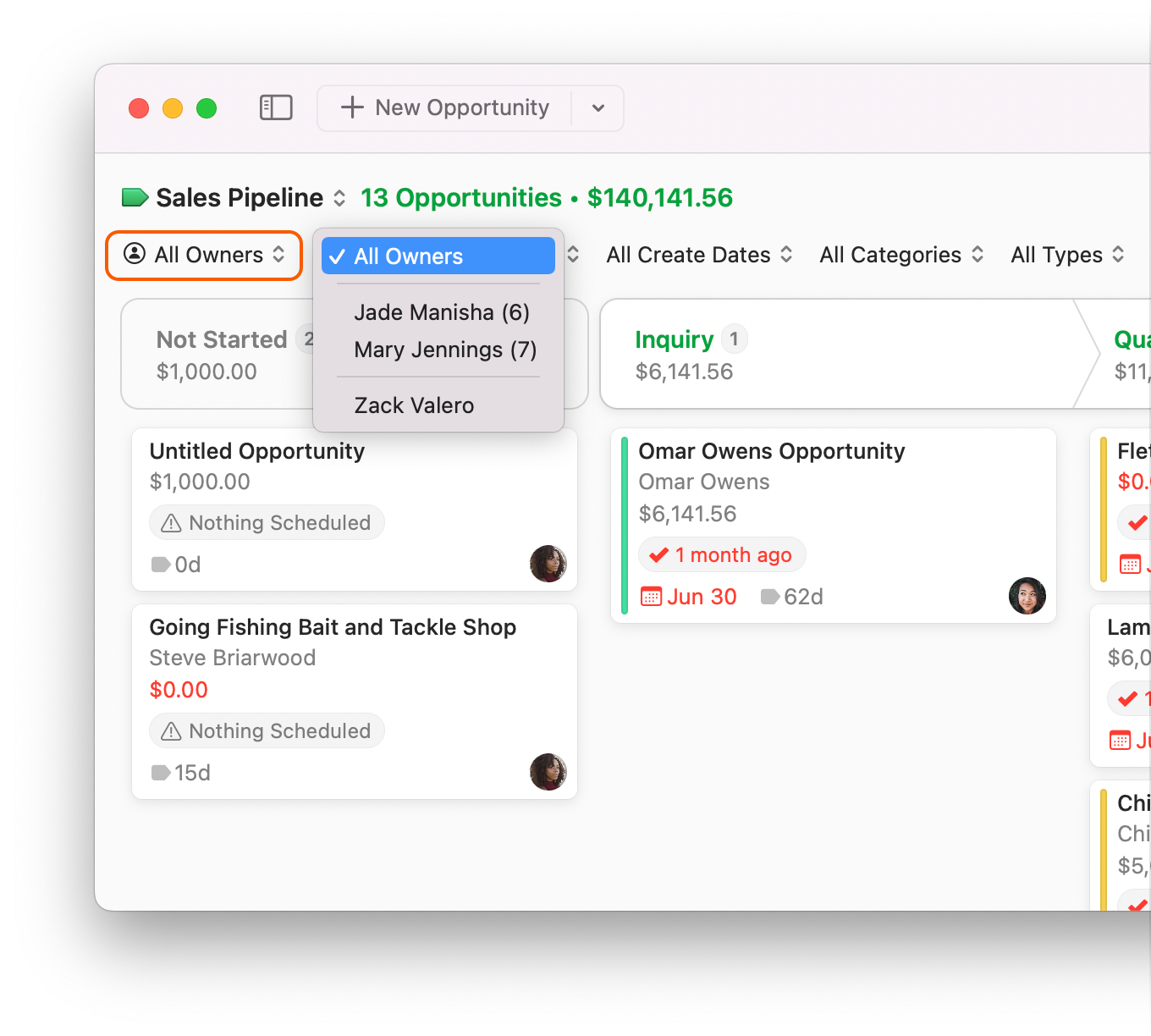 Opportunities Board showing Owners filter