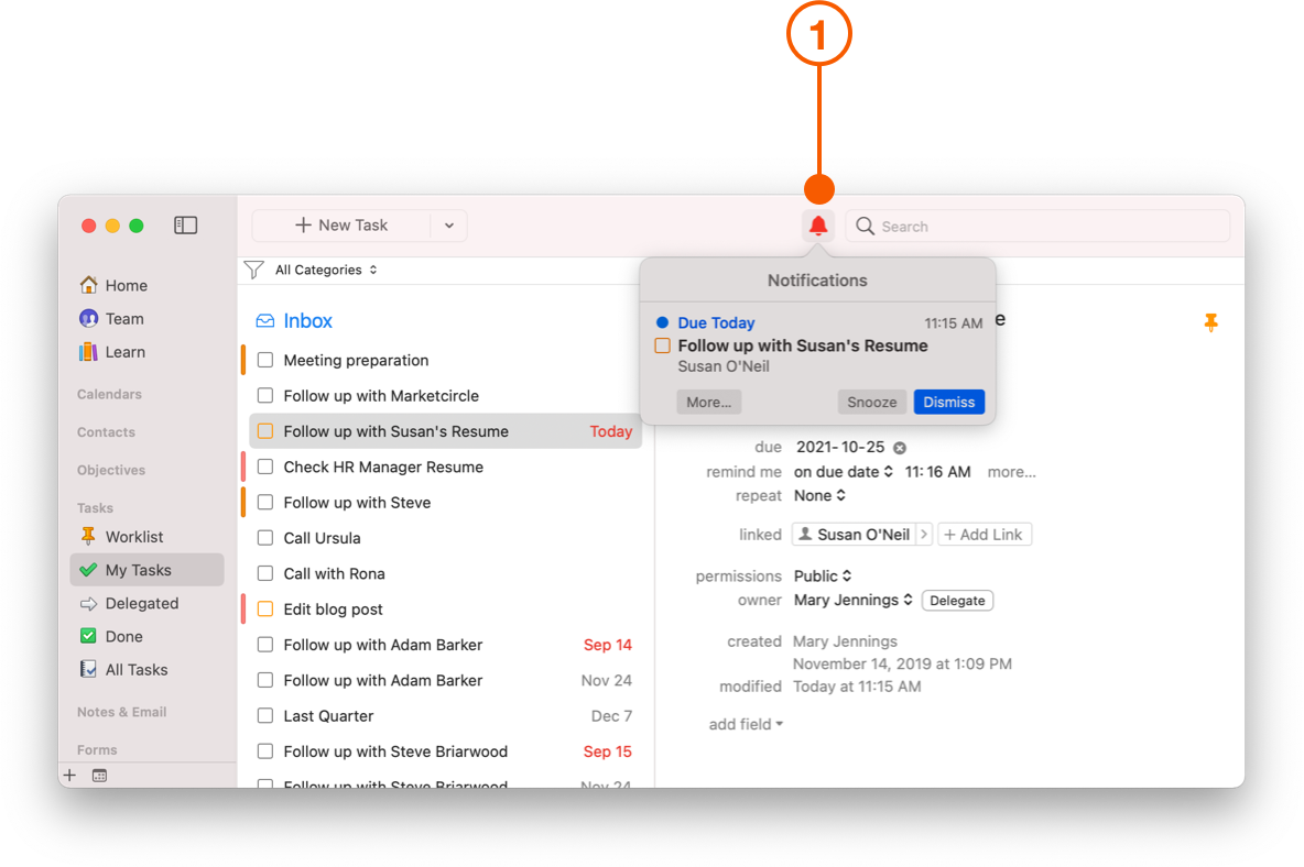 Daylite window showing Notifications popover