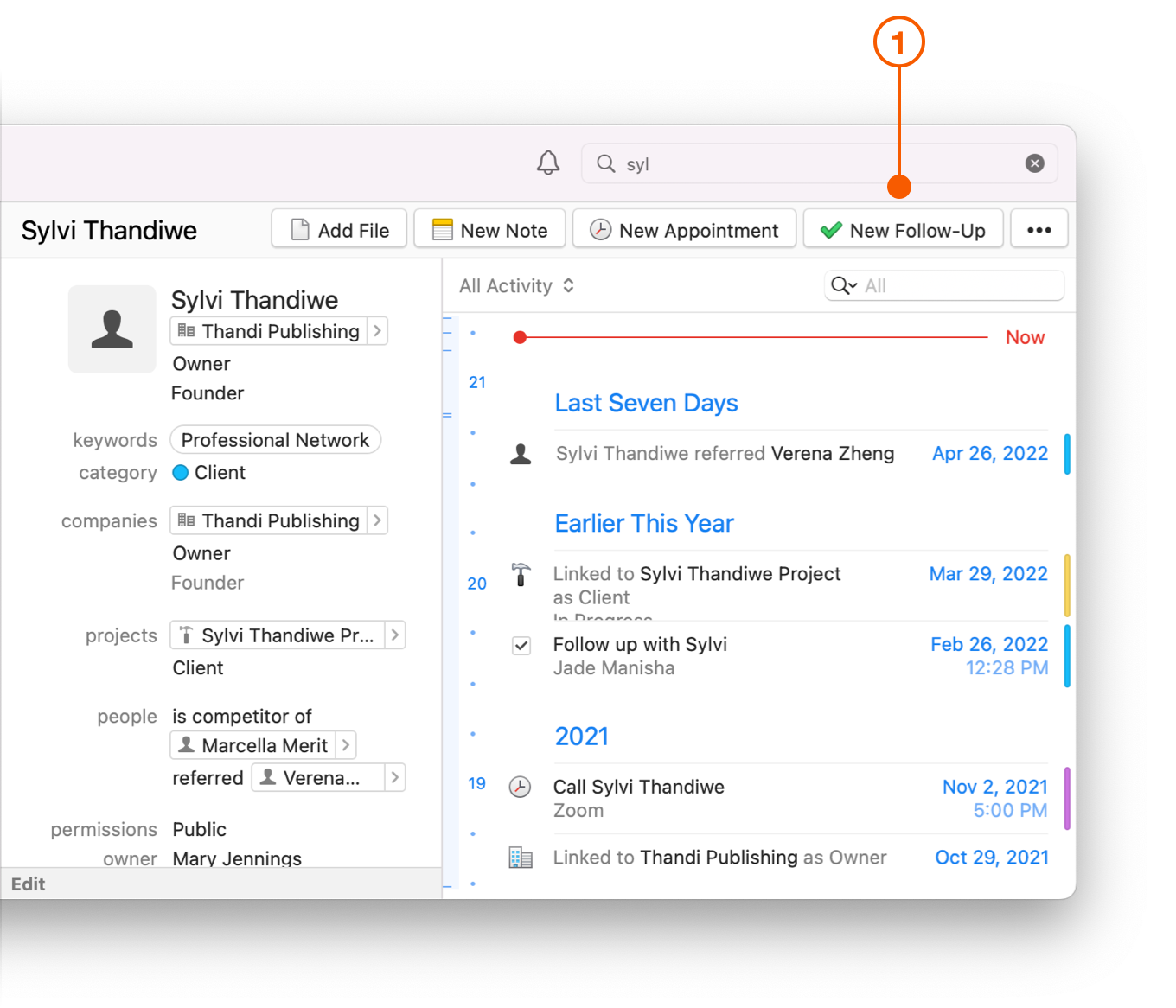 Daylite Screen showing New Follow-Up Button