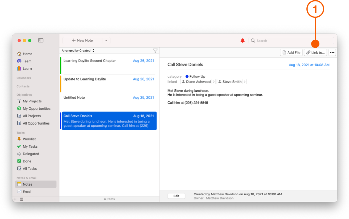 Note view showing Link To button