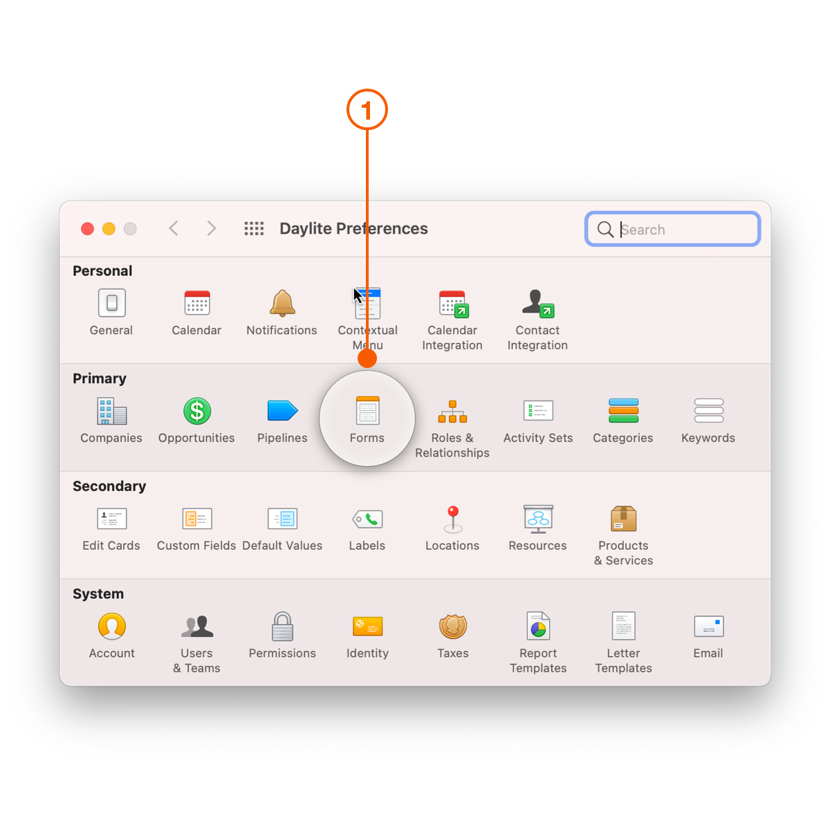 Daylite Preferences window selecting Forms